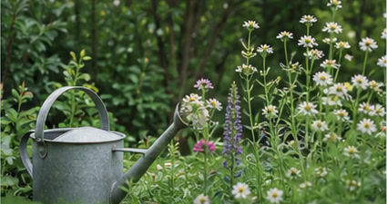A watering can among flowering garden plants.