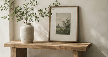 A framed botanical print and vase on a wooden table.