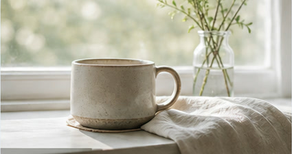 A ceramic mug beside a small vase in soft window light.